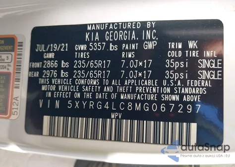 2021 Kia Sorento Lx из США, поврежденный, VIN 5XYRG4LC8MG067297